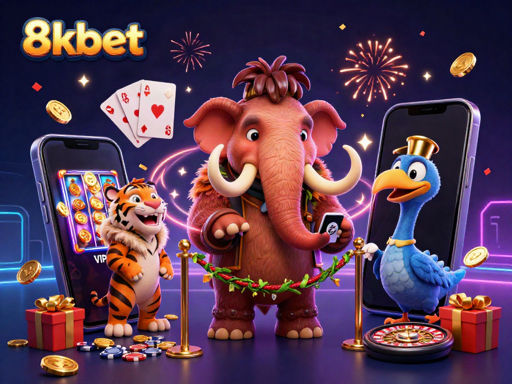 Experience the vibrant gameplay of 8kbet as a woolly mammoth bouncer welcomes guests to a casino extravaganza.