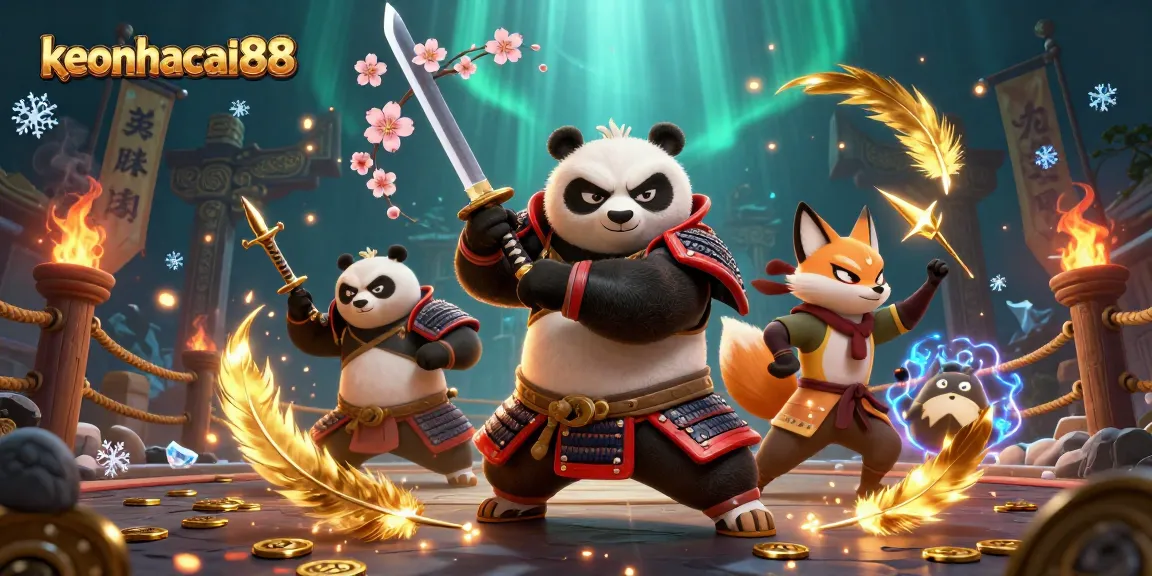 Experience the thrill of keonhacai88 with a samurai panda and ninja fox in a vibrant gaming arena.