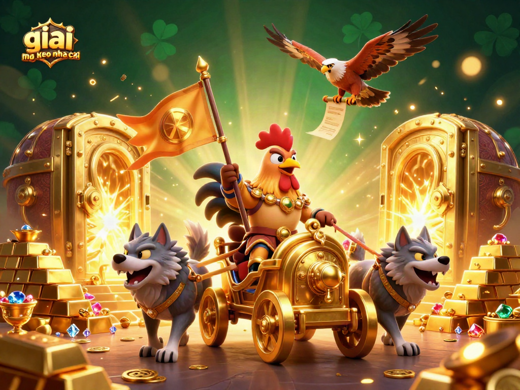 Engage with giai ma keo nha cai through a vibrant 3D illustration showcasing a rooster warlord and treasures.