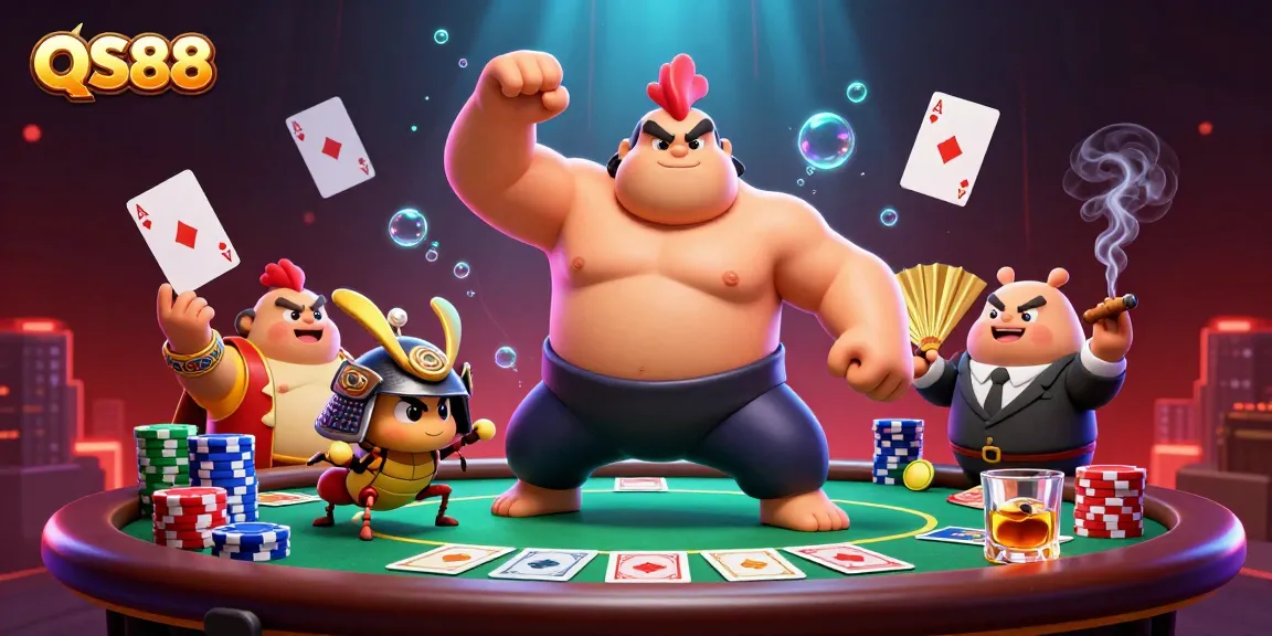 Engage in high-stakes poker at QS88 with a feisty rooster and samurai cricket in action!