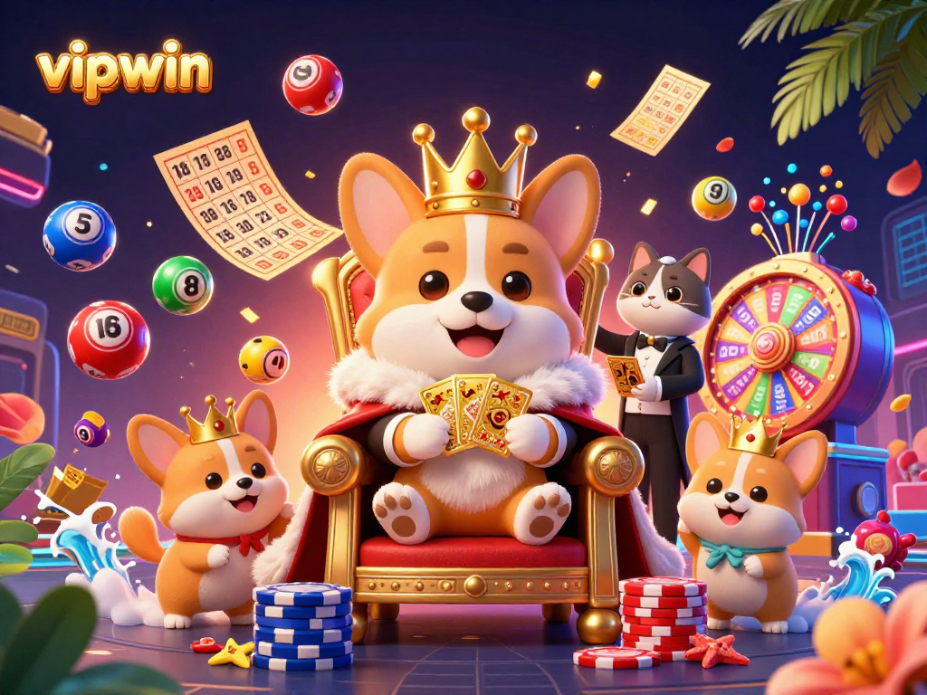 Experience the excitement of vipwin with corgis in an animated casino scene surrounded by lottery elements.
