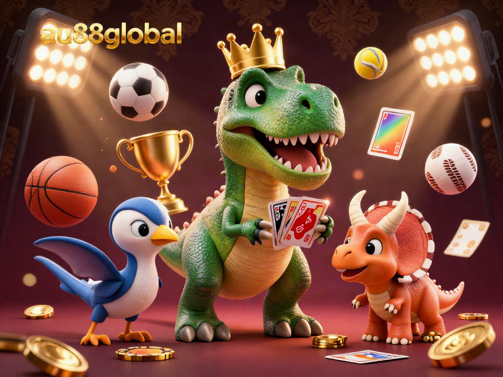 Experience the excitement of au88global with a fun 3D illustration of a T-Rex shuffling cards and friends stacking chips.