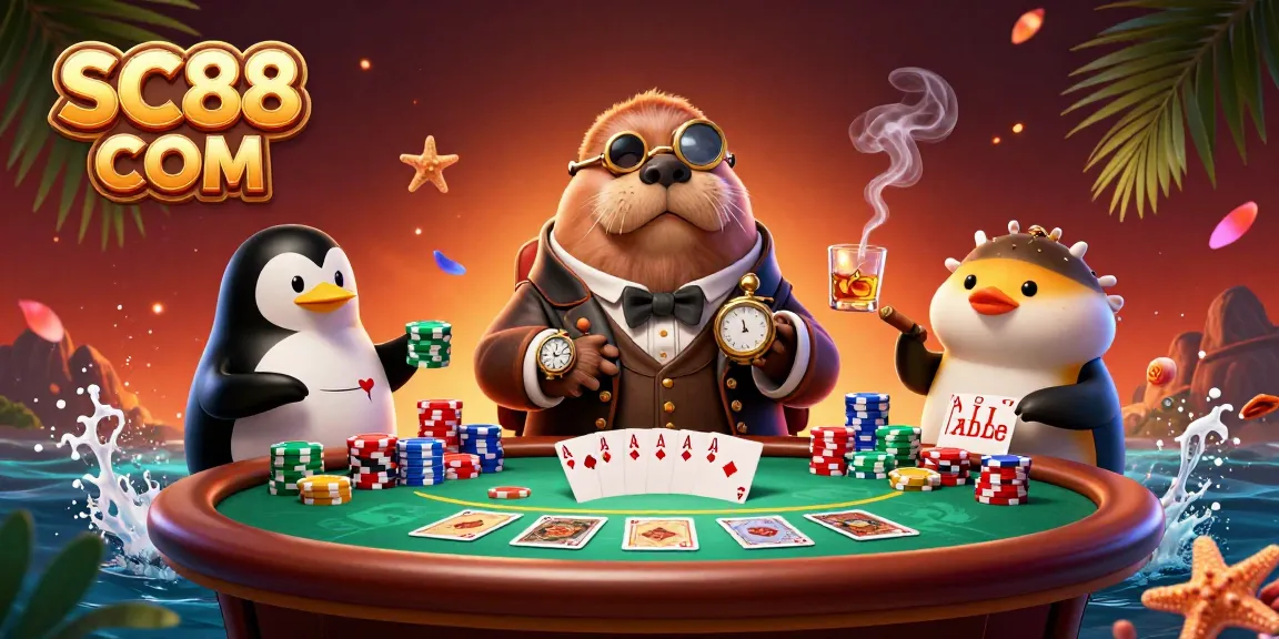 Experience thrilling gameplay at SC88 COM with a poker scene featuring a walrus, dealer penguin, and bluffing pufferfish.