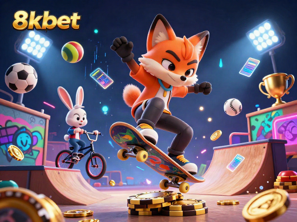 Join the excitement at 8xbet with vibrant gambling symbols, sports elements, and dynamic characters.