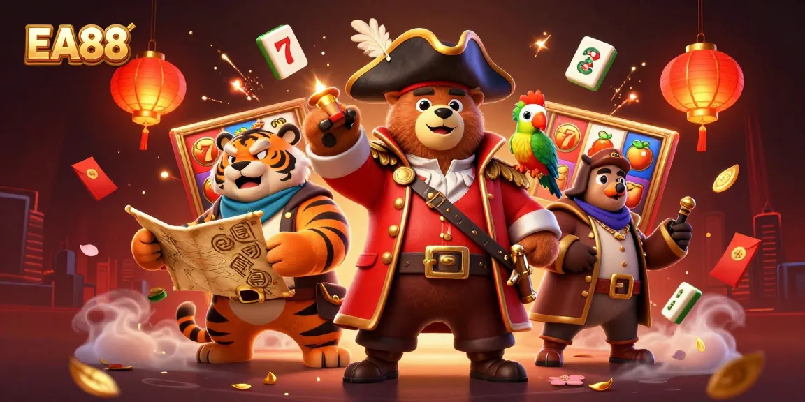 Engage with EA88's vibrant slot reels and dynamic characters in this lively casino scene.
