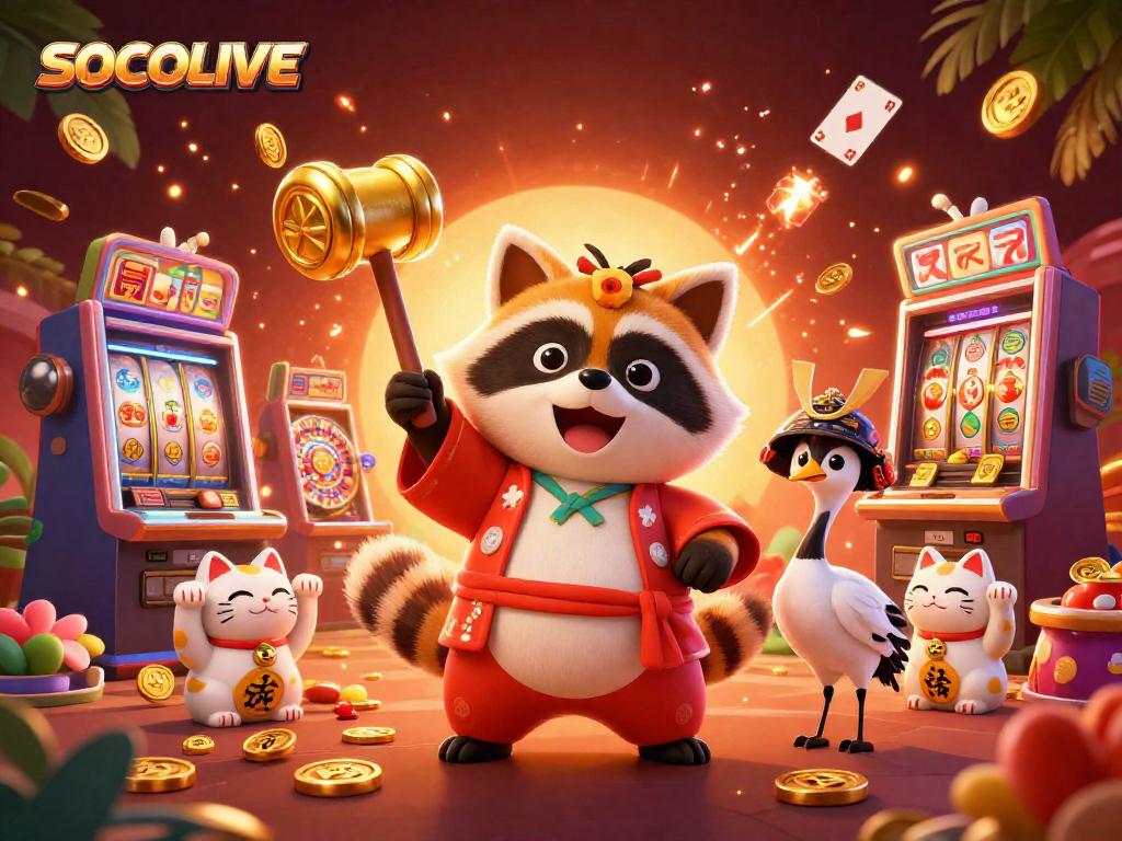 SOCOLIVE welcomes you to vibrant gaming scenes filled with lucky tanuki and engaging slot machines.