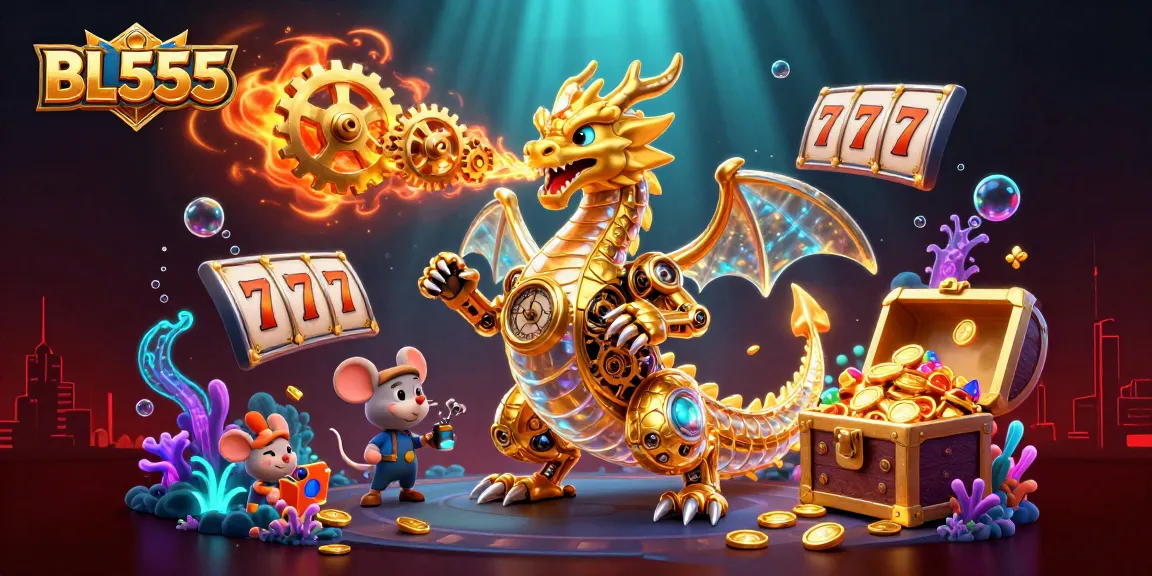 Experience the excitement of BL555 with an intricate 3D casino scene featuring a golden dragon and dynamic gaming elements.