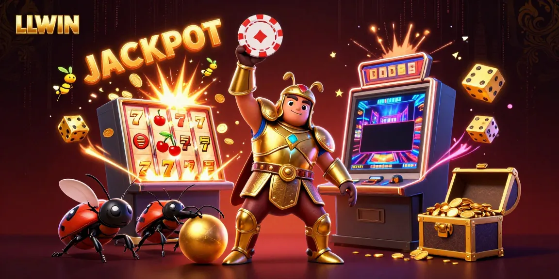 Engage with LLWIN in a vibrant casino setting featuring 3D characters celebrating a jackpot.