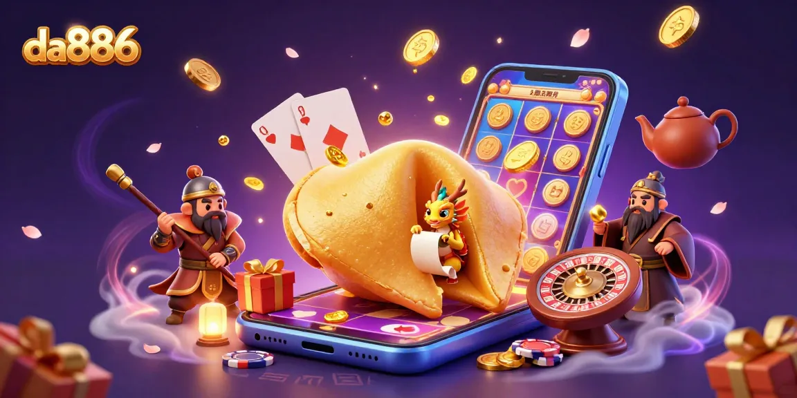 Experience da886's thrilling slot adventure with a golden fortune cookie, dragon, and gaming elements.