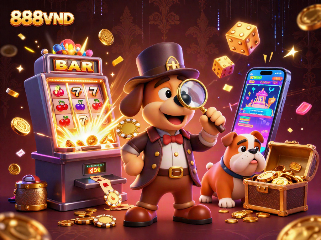 Experience thrilling gameplay with 888VND as the cartoon detective uncovers casino treasures.