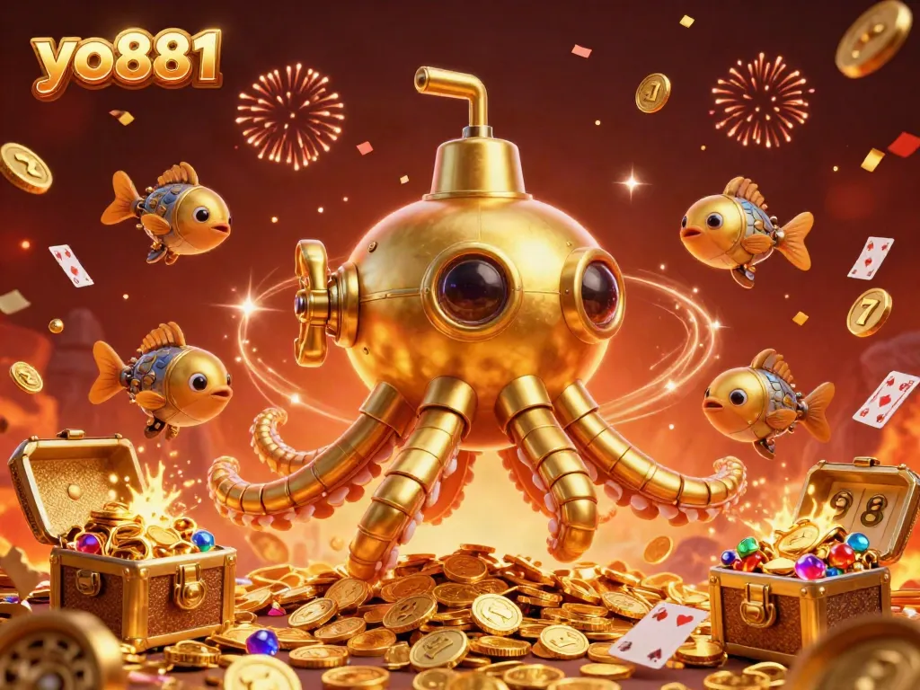 Join the excitement of yo881 with a golden kraken submarine and treasure-filled scene.