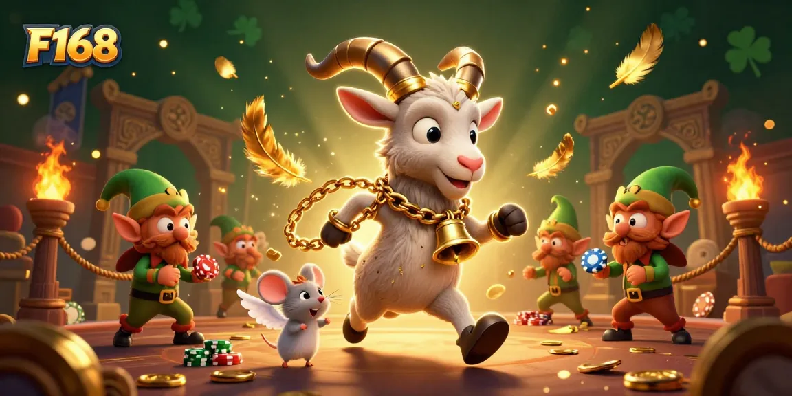 F168 enchants players with a festive Krampus goat leading a whimsical casino scene amidst swirling jackpots and magical elements.