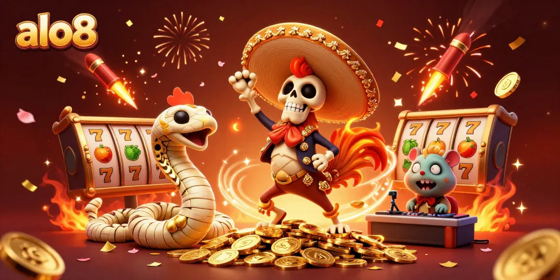 Celebrate wins at alo8 with a vivid 3D scene of gambling characters and slot elements.