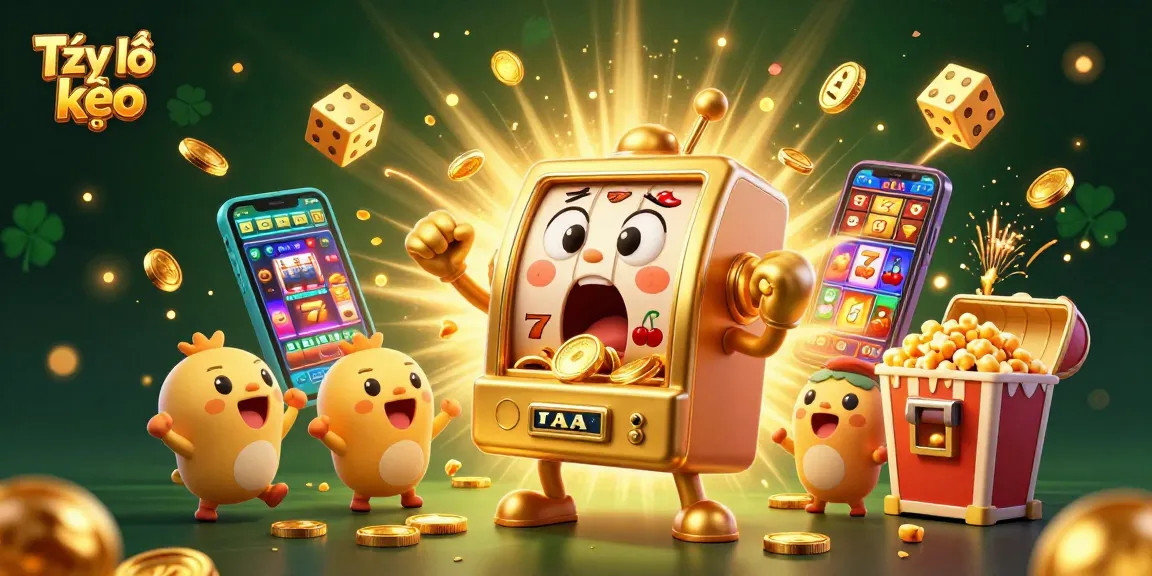 Tỷ lệ kèo displayed prominently in a vibrant scene of a joyful slot machine hitting the jackpot with cascading coins.