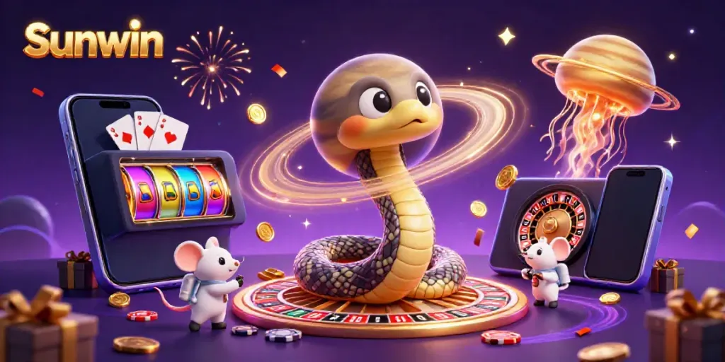 Experience the excitement of Sunwin with astronaut mice betting on a roulette wheel planet.