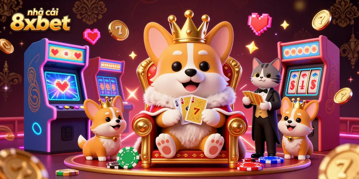 Experience fun at nhà cái 8xbet with an animated royal corgi on a poker chip throne surrounded by vibrant arcade games.