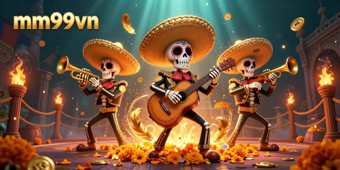 Engage in thrilling gaming at mm99vn with vibrant mariachi skeletons surrounded by exciting casino elements.