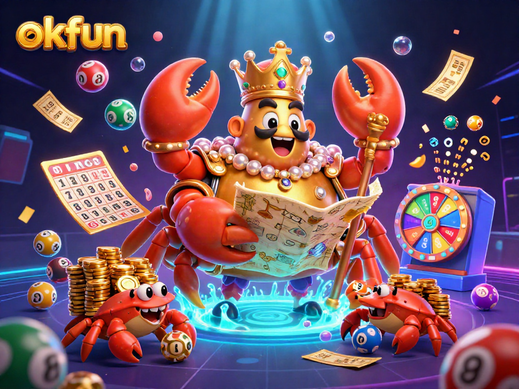 Experience the excitement of okfun with vibrant lottery elements and a royal crab emperor in 3D illustration.