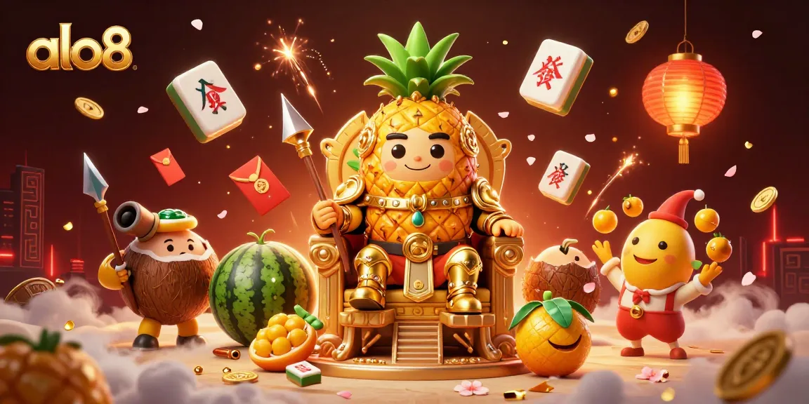 Experience the fun of alo8 with vibrant gaming elements surrounding a golden pineapple king in a beach casino scene.