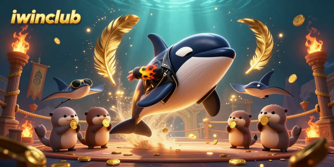 Exciting iwinclub scene with animated characters celebrating winnings in a vibrant casino environment