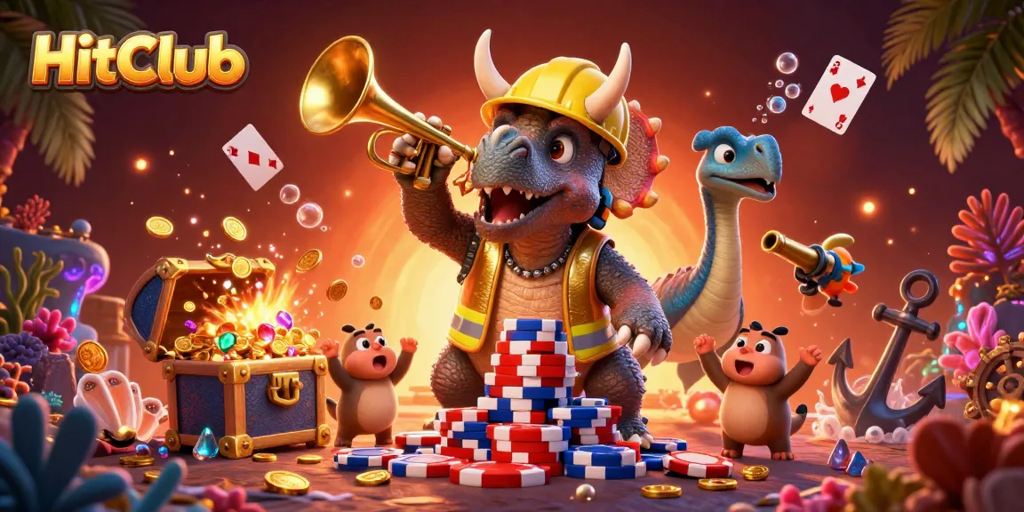 HitClub players celebrate as a triceratops builds poker chips amidst vibrant gaming elements.