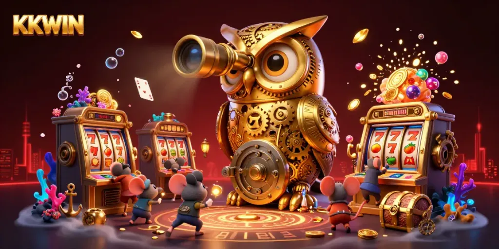 Engage with KKWIN's thrilling slots through a vibrant 3D casino scene featuring a clockwork owl.