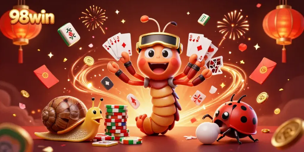 Experience the excitement of 98win with a lively casino scene featuring a clever cartoon millipede dealer and vibrant game elements.