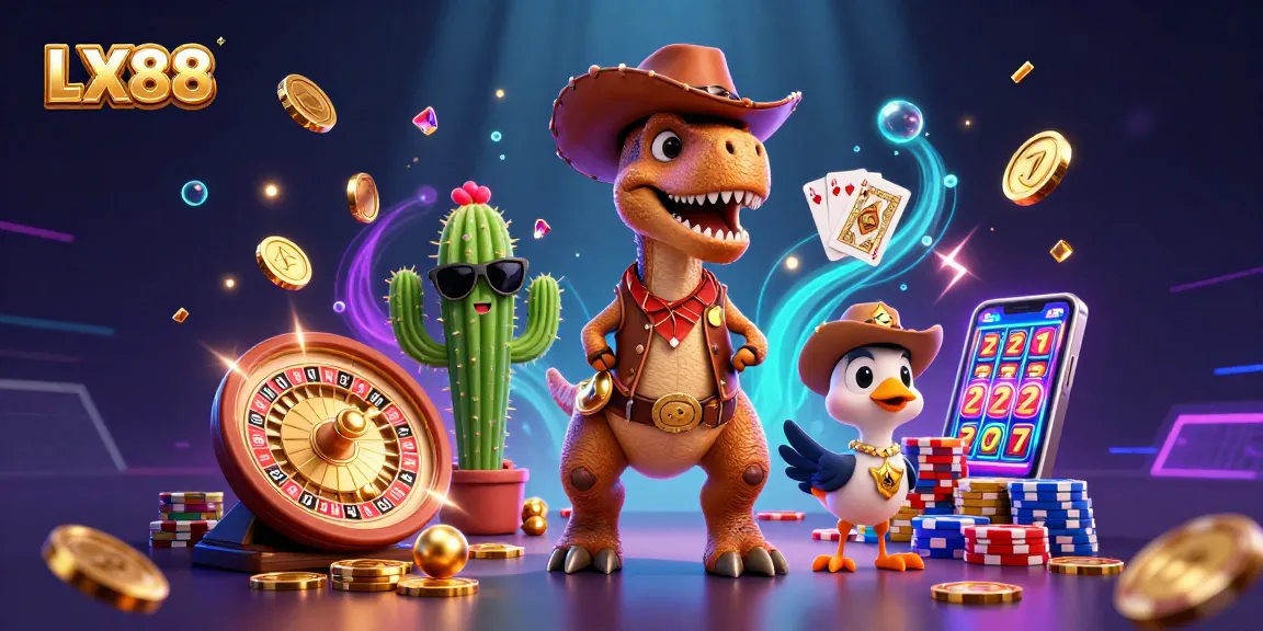Experience thrilling gaming adventures at LX88 with a vibrant casino scene featuring colorful characters.