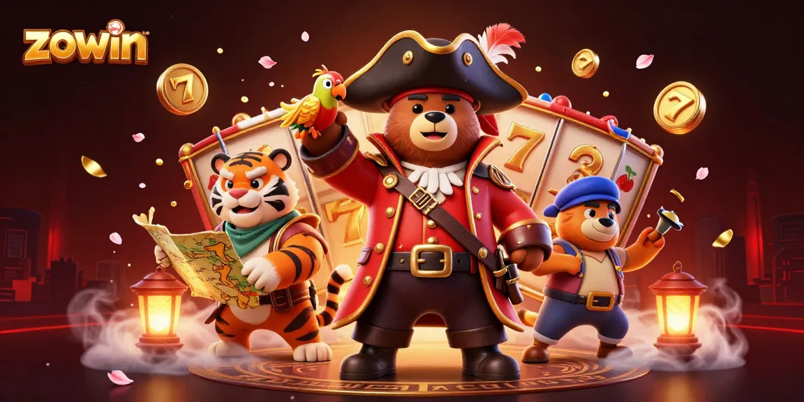 Zowin jackpots await in this vibrant casino scene with pirate bear and tiger amidst rich gaming elements.