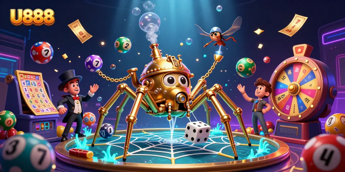 Engage in U888's thrilling gameplay featuring a steampunk spider and vibrant lottery elements.