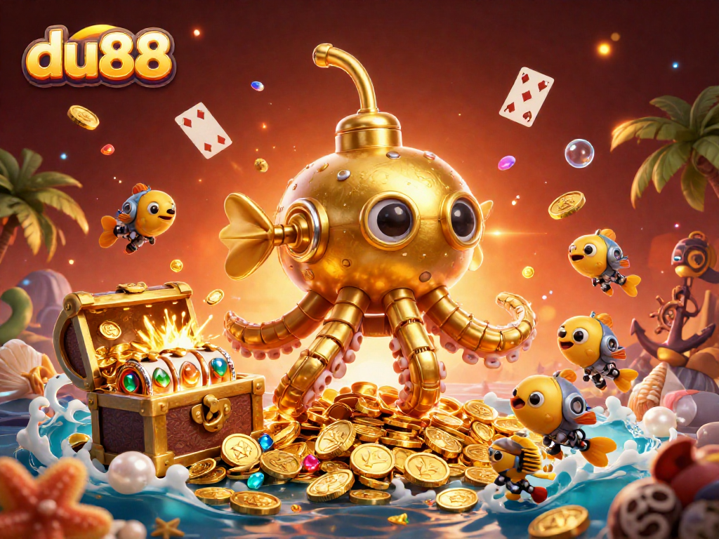 Immerse in du88's casino adventure with a golden kraken submarine surrounded by treasures and excitement.