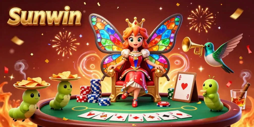 Experience the thrill of sunwin as a butterfly queen presides over a luxurious poker scene filled with vibrant game elements.