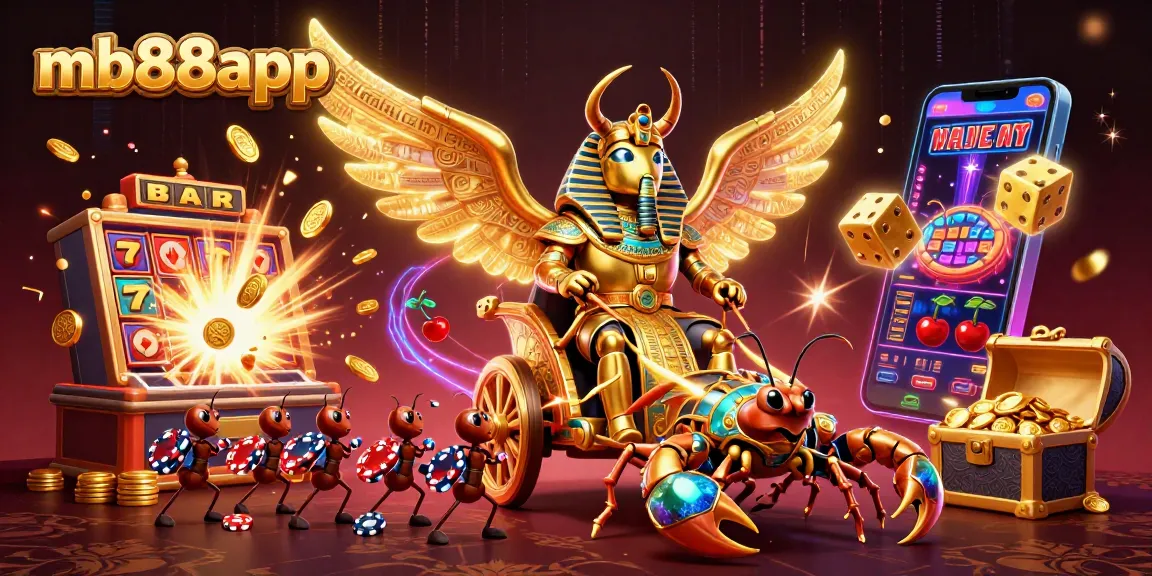 Join the excitement of mb88app with a vibrant 3D casino scene featuring a golden scarab and casino games!