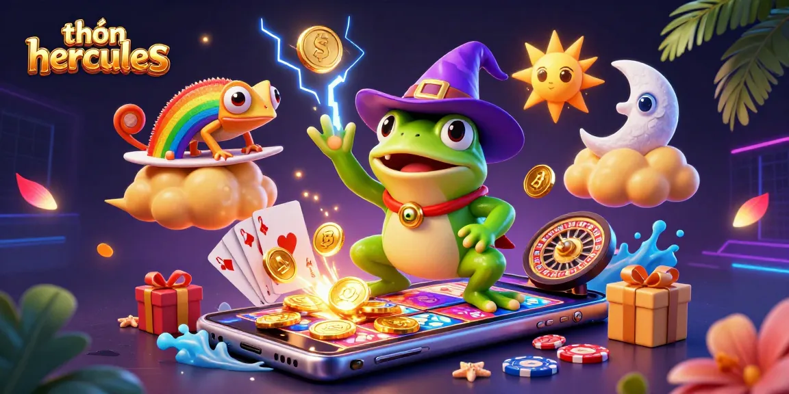 Spin the colorful slot reels with thần hercules, featuring vibrant characters and casino elements.