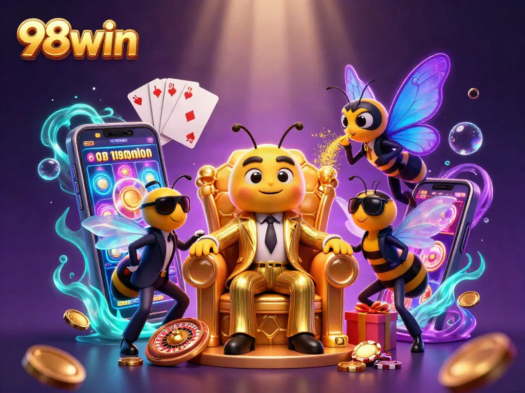 Engage in thrilling gameplay with 98win as dynamic characters, coins, and game elements fill the vibrant scene.