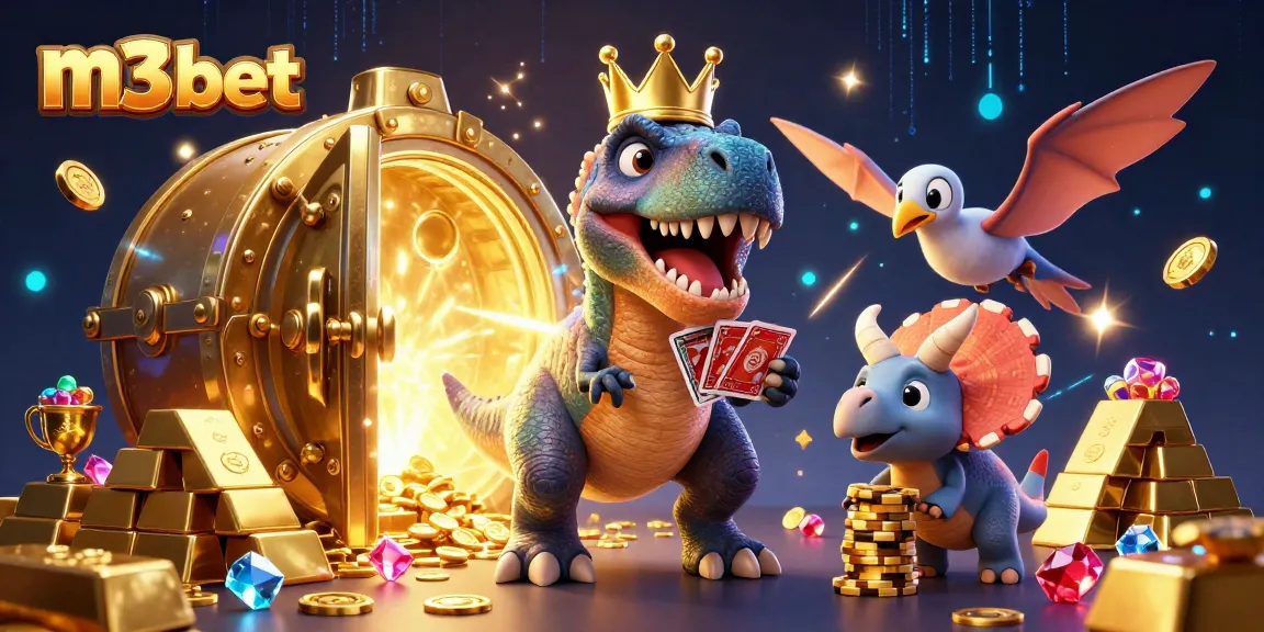 Play exciting games at m3 bet with friendly characters and dazzling casino elements in this vibrant digital illustration.