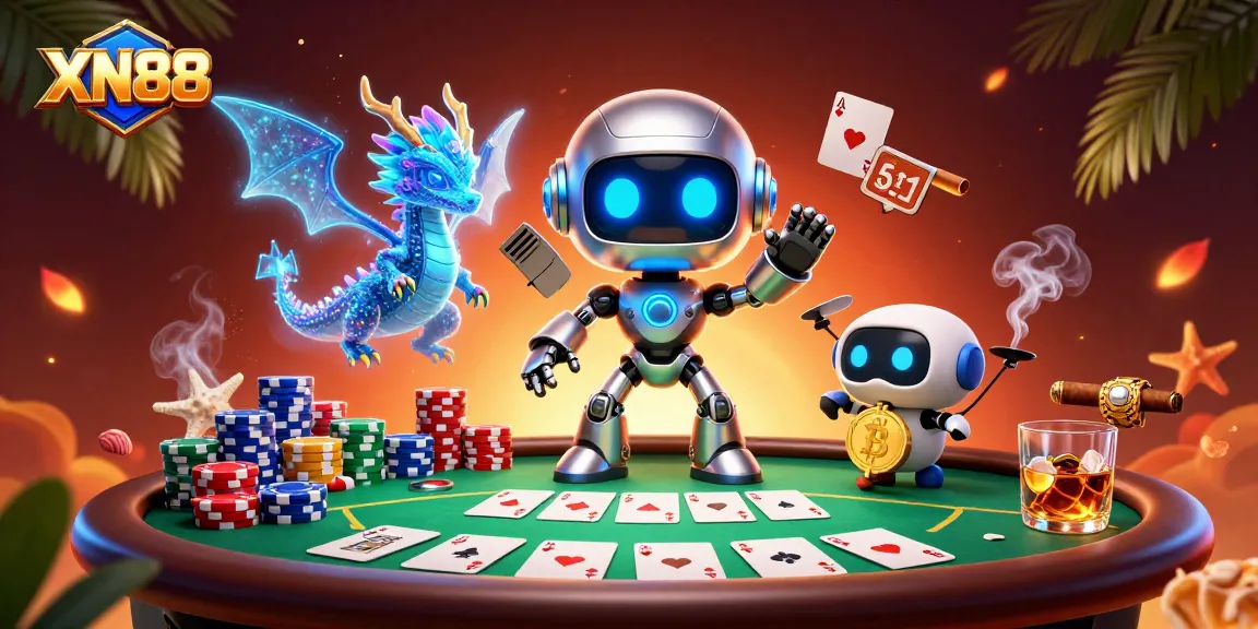 Experience the excitement of XN88 with a vibrant representation of a cyberpunk casino scene featuring neon characters, poker elements, and more.