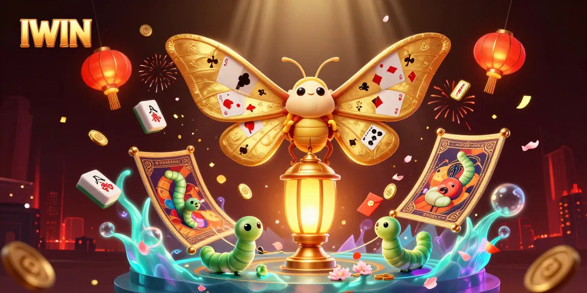 IWIN showcases a vibrant 3D illustration featuring a golden-winged moth and rich casino elements, celebrating exciting gaming.