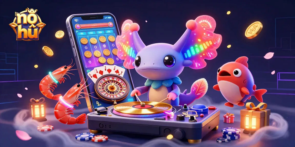 Nổ hũ features a vibrant underwater scene with a neon axolotl DJ, slot reels, and golden coins exploding in excitement.