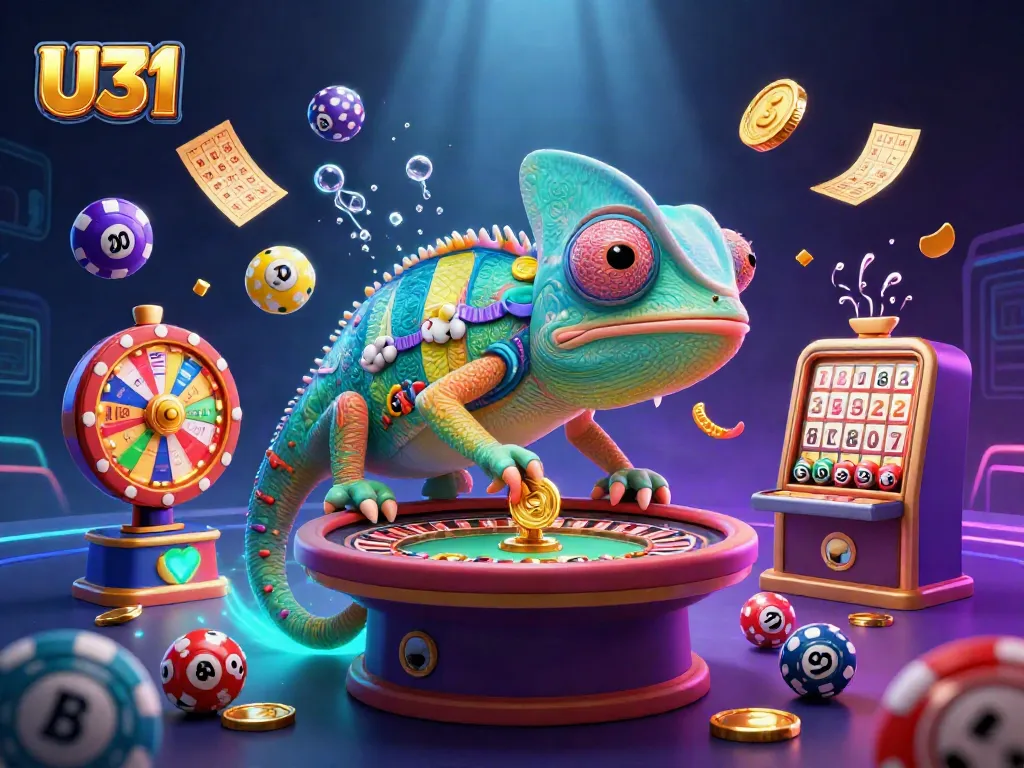 Experience the thrill of U31 with a vibrant 3D illustration showing a chameleon casino owner amidst dynamic gambling elements.