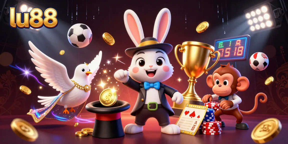 Experience the thrill of lu88 as a magician rabbit conjures coins amidst vibrant sports elements.