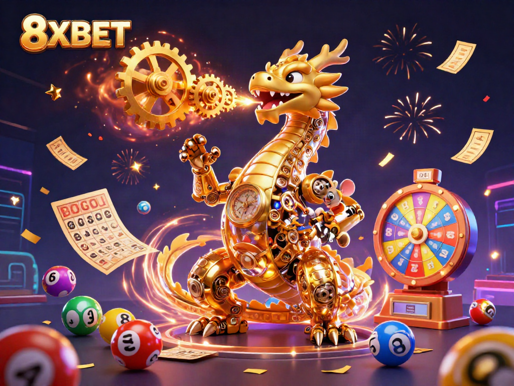 Engaging scene illustrating the 8XBET casino experience with a dragon and colorful gaming elements.
