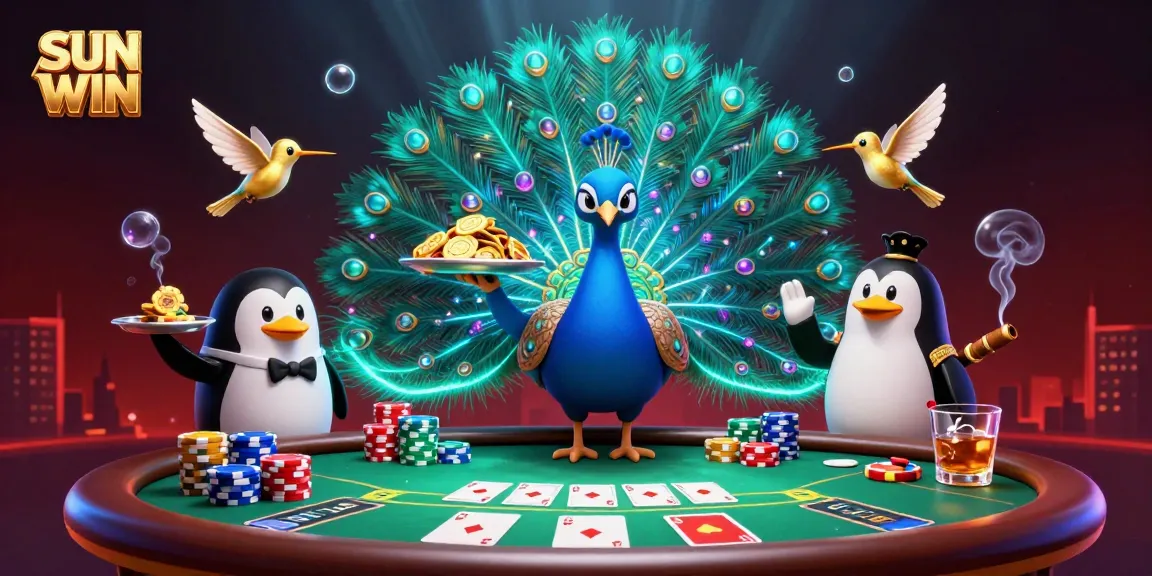 SUN WIN showcases an animated casino scene with a peacock, penguin, and hummingbird around a poker table