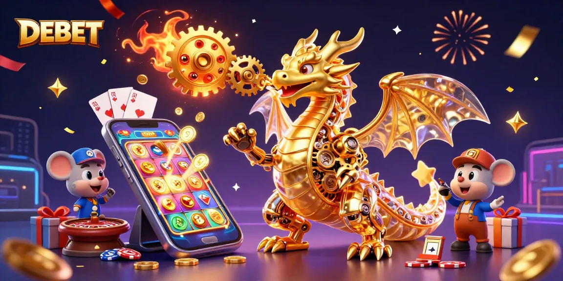 DEBET embodies the thrill of casino excitement with a golden dragon and slot game elements.
