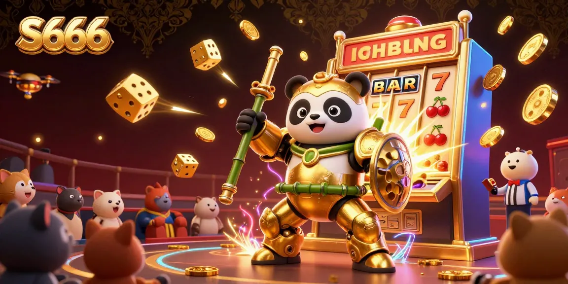 S666's vibrant casino scene showcases an epic jackpot explosion with golden panda robot flown by animated elements