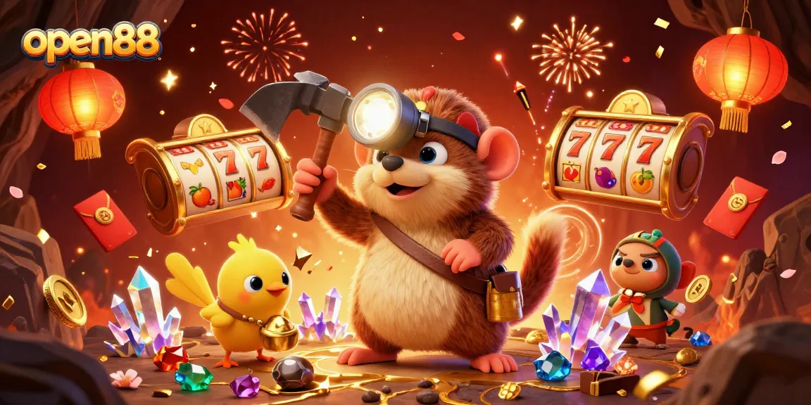 Experience thrilling gaming action with open88's vibrant scene of a treasure hunter mole, slot reels, and festive decorations.