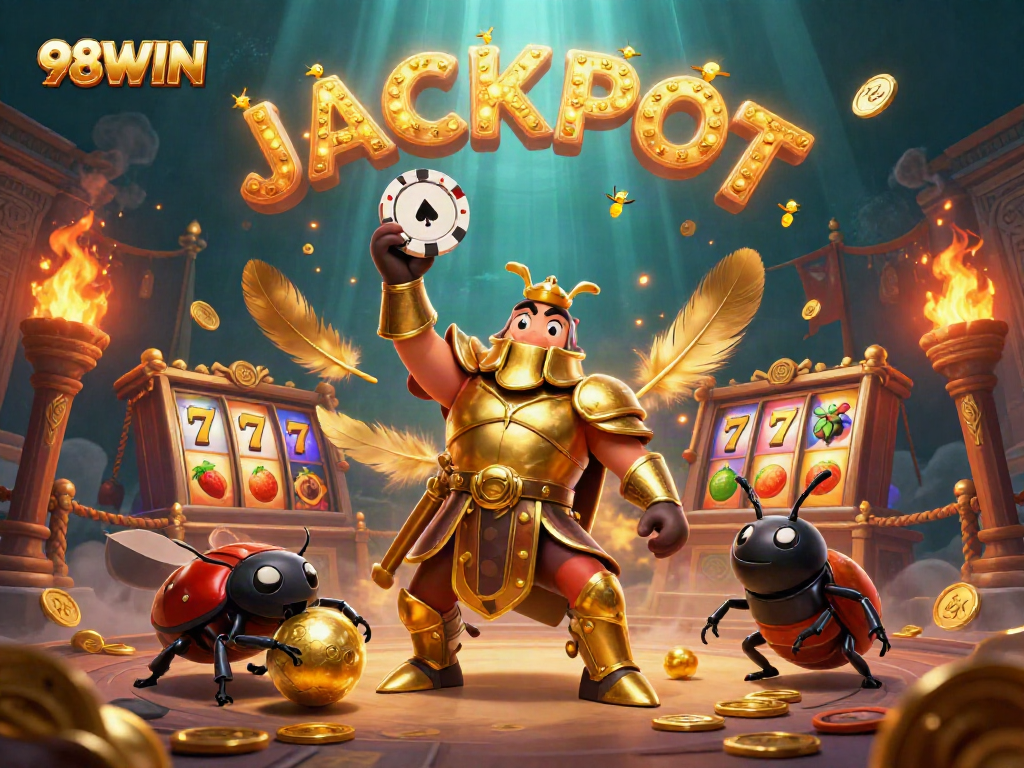 Spin the reels with 98WIN featuring a heroic beetle lifting a poker chip in a vibrant casino scene.