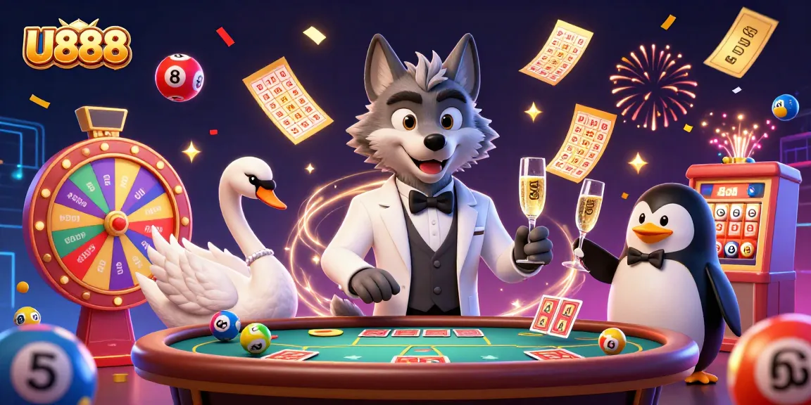 Engage with U888's vibrant casino scene featuring a debonair wolf, swan dealer, and penguin sommelier.