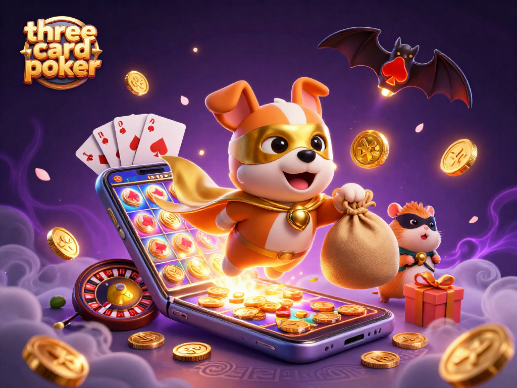 Experience thrilling three card poker action with our superhero dog and hamster duo amidst vibrant casino elements.