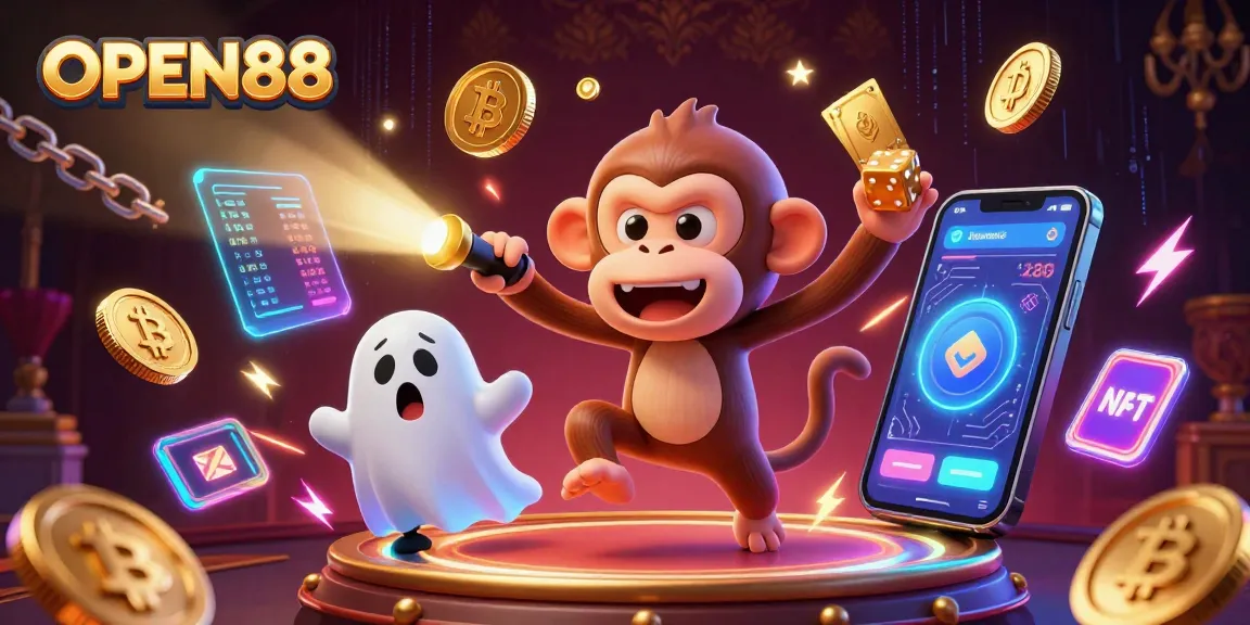 Experience thrilling games at OPEN88 with a playful poltergeist monkey and a curious puppy in a haunted casino.